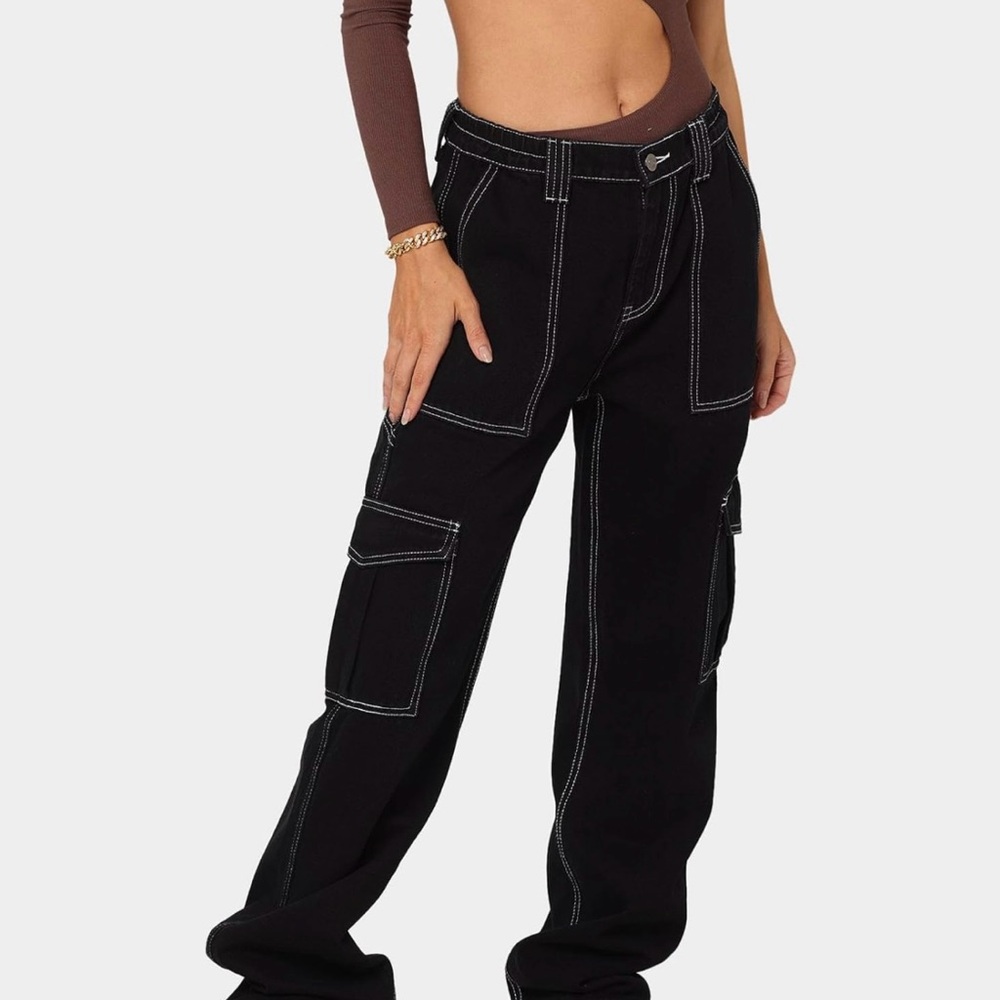 Cargo Jeans, Fashion Y2K Flap Pocket Loose Wide Leg Denim Jeans Womens S